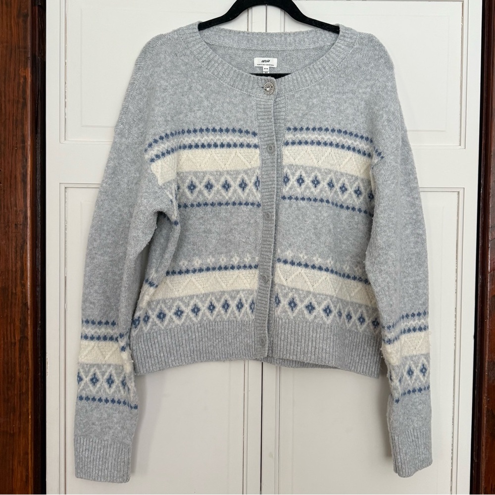 Aerie unReal Fairisle Cardigan Sweater in Medium Heather Gray Size Medium - Picture 2 of 9